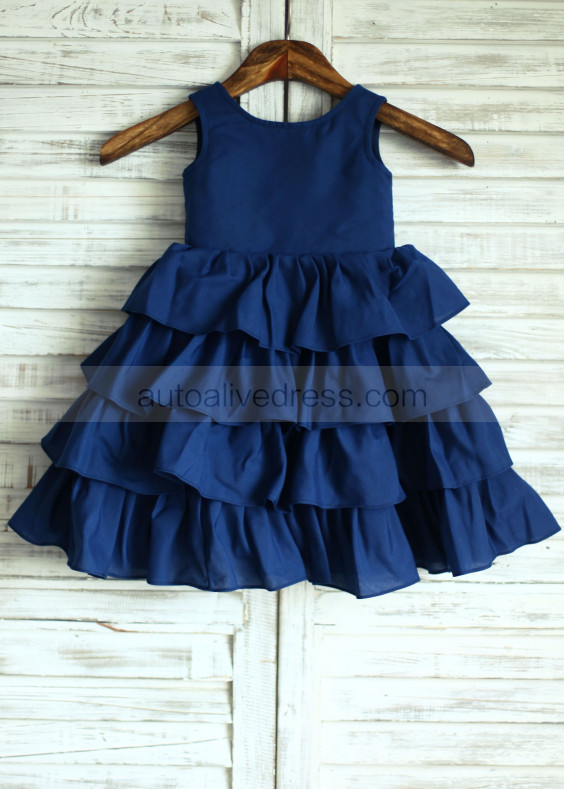 Navy Blue Cotton Cupcake Knee Length Flower Girl Dress